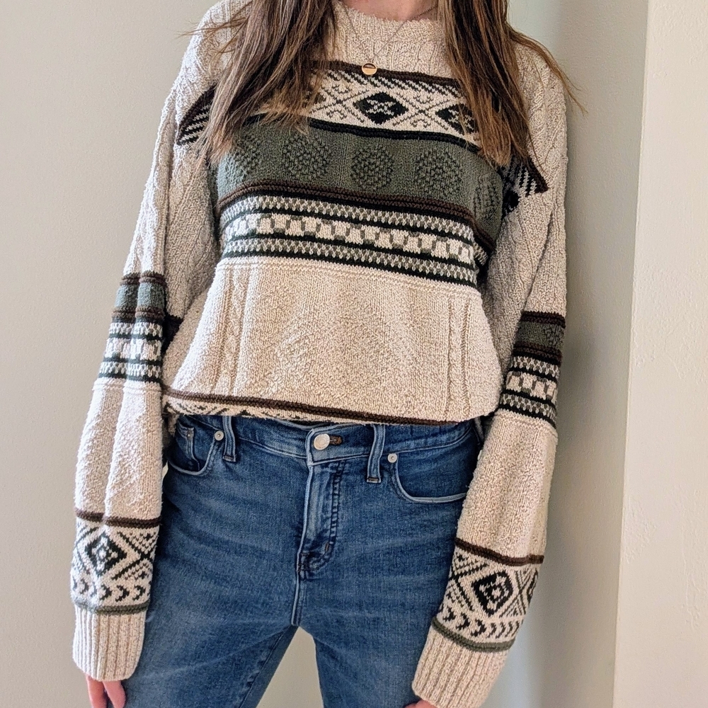 Vintage Abstract Geometric Chunky Textured Crewneck Sweater In Ivory/Green